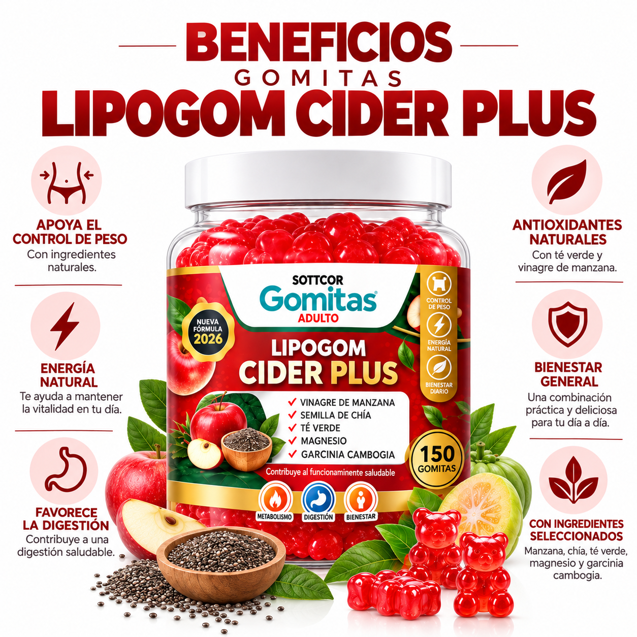 PACK 2 GOMITAS LIPOGOM CIDER PLUS PARA ADULTOS 300 GOMITAS SOTTCOR LABS - 3