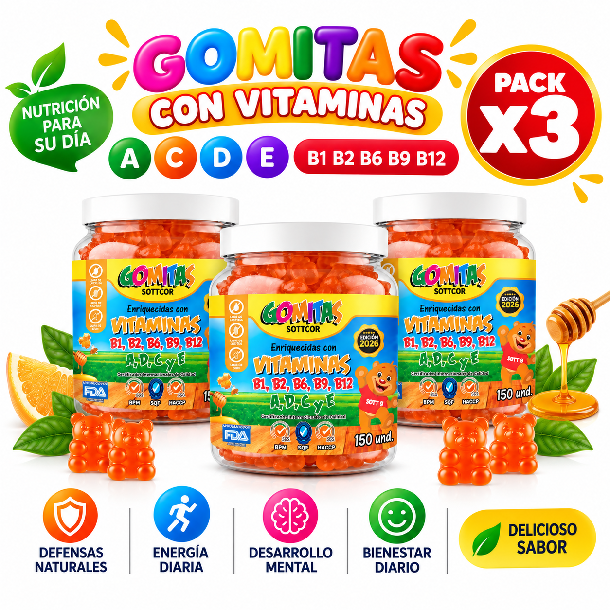 PACK 3 MULTIVITAMINAS NIÑOS 450 UND SOTTCOR LABS - 1