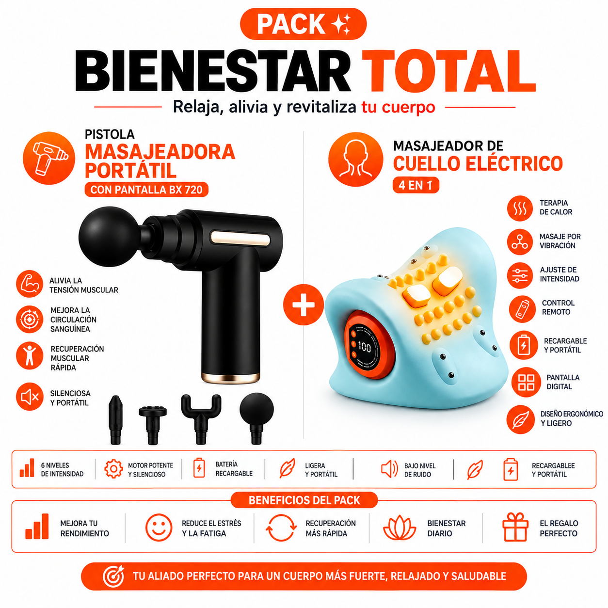 PACK PISTOLA MASAJEADORA 720 Y MASAJEADOR DE CUELLO ELECTRONICO - 1