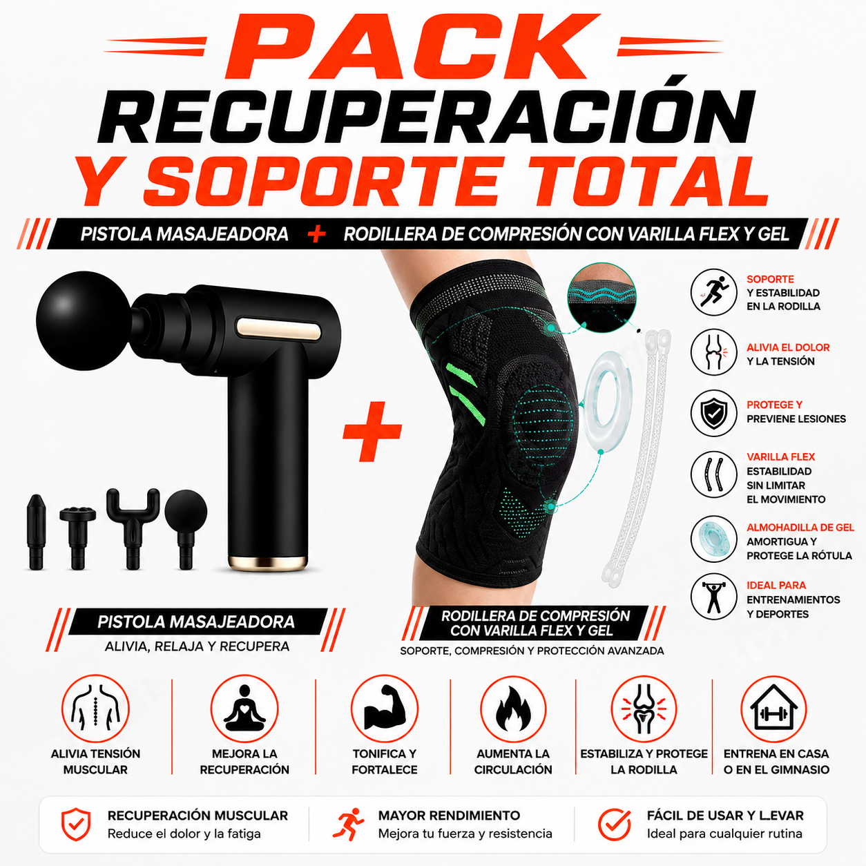 PACK PISTOLA MASAJEADORA 720 Y RODILLERA DE COMPRESION FLEX Y GEL - 1