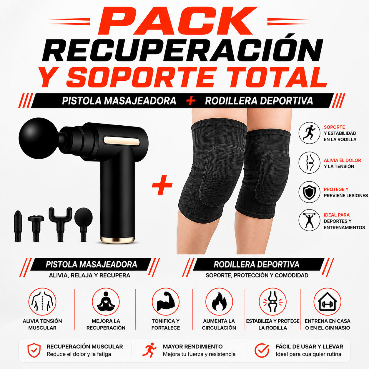 PACK PISTOLA MASAJEADORA 720 Y RODILLERA DEPORTIVA - 1