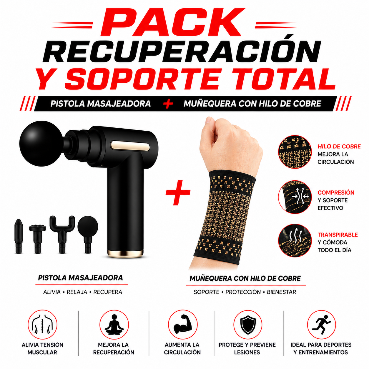 PACK PISTOLA MASAJEADORA 720 Y MUÑEQUERA CON HILO DE COBRE - 1