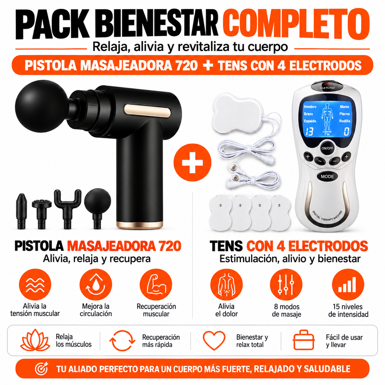 PACK PISTOLA MASAJEADORA 720 Y TENS CON 4 ELECTRODOS - 1