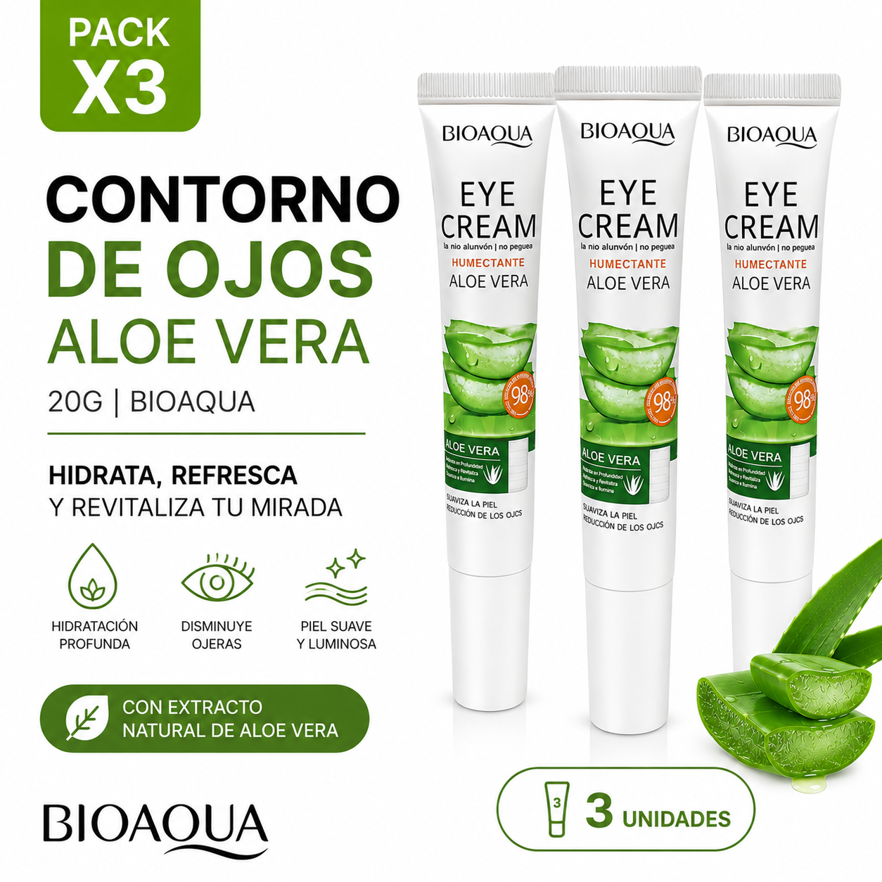 PACK 3 CONTORNO DE OJOS ALOE VERA 20G BIOAQUA - 1