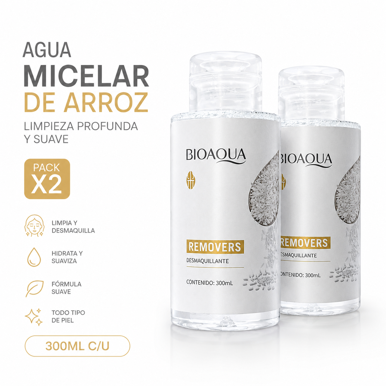 PACK 2 AGUA MICELAR DE ARROZ 300ML BIOAQUA - 1