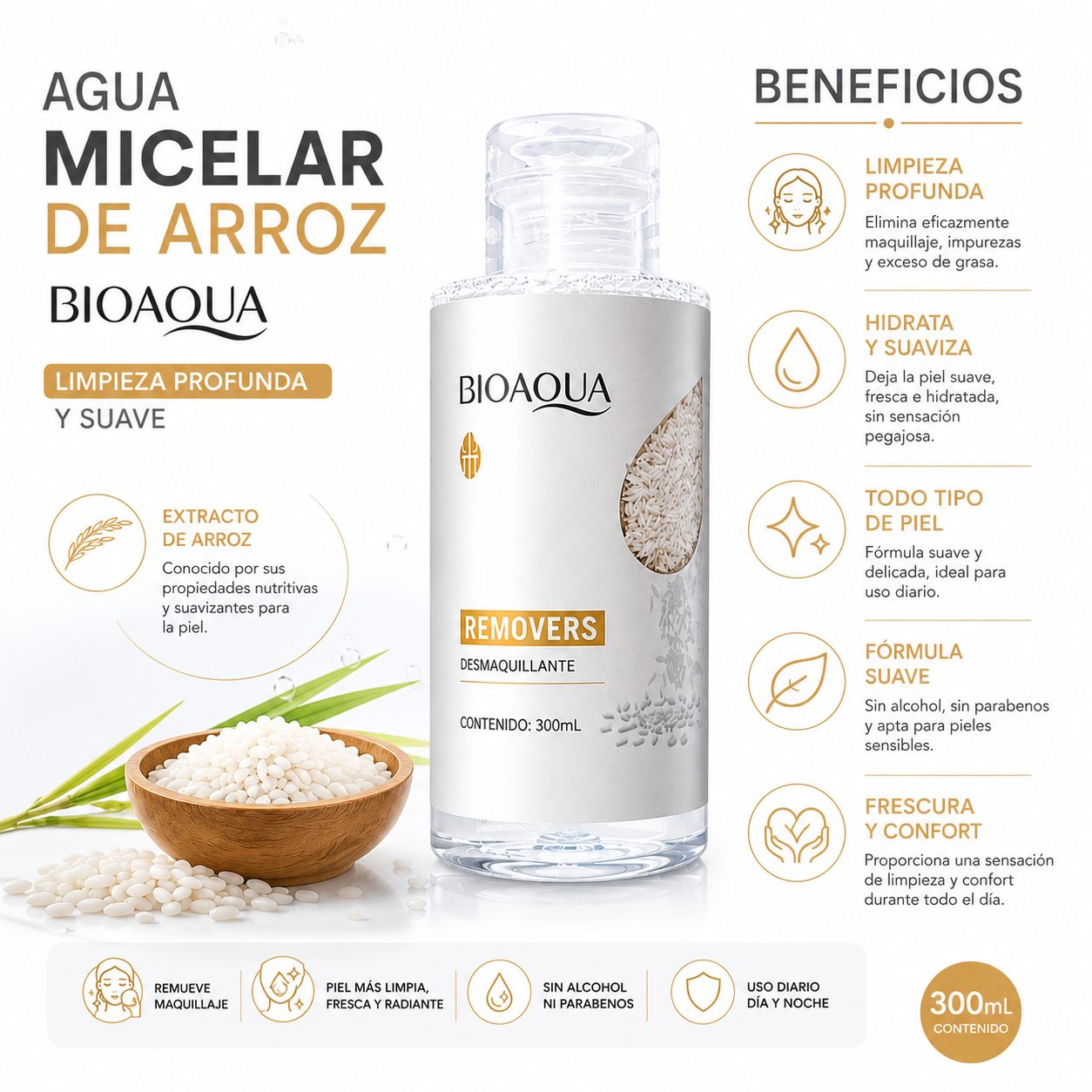 PACK 3 AGUA MICELAR DE ARROZ 300ML BIOAQUA - 2