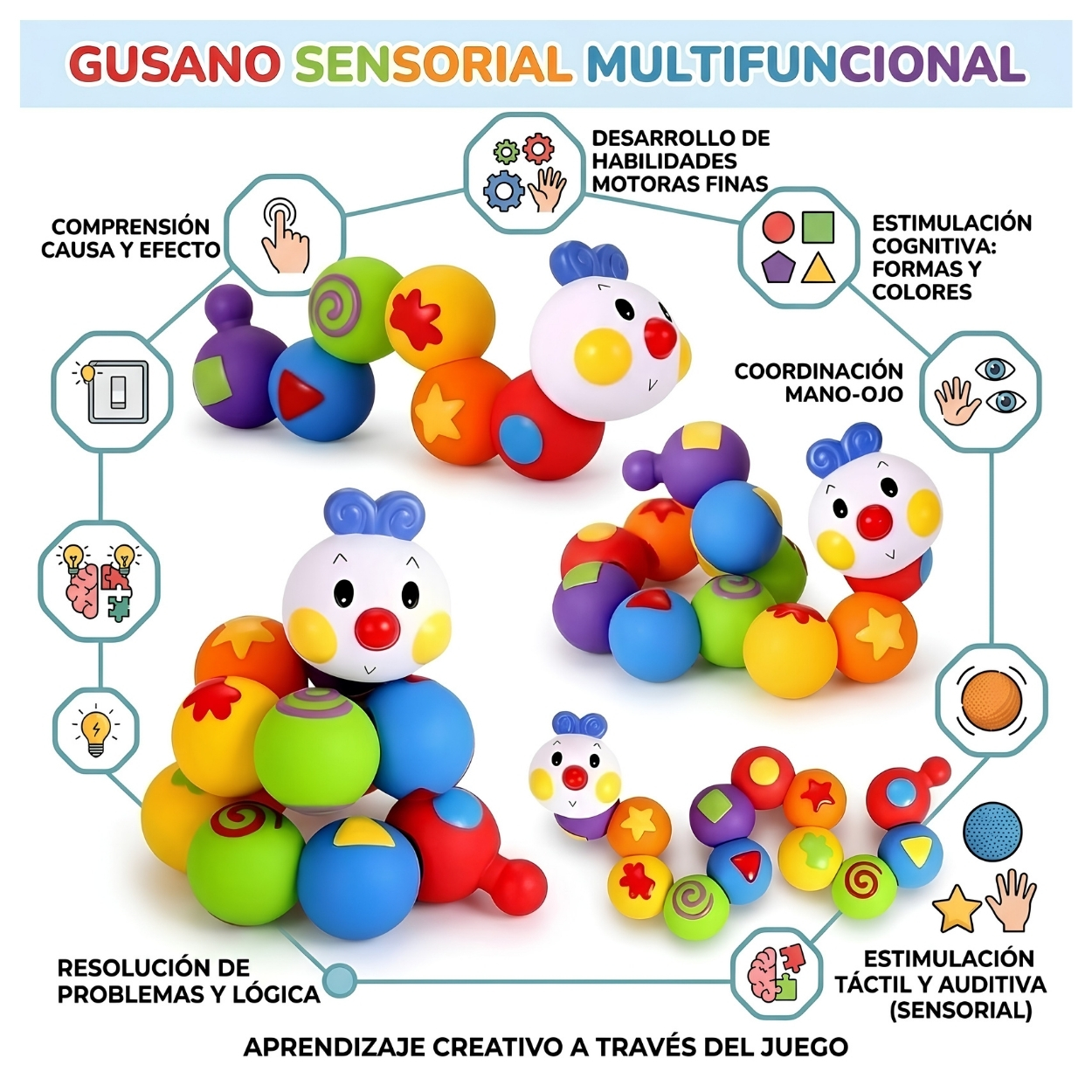 JUGUETE GUSANO SENSORIAL PARA BEBÉ ESTIMULADOR MOLAR Y MOTRIZ - 6