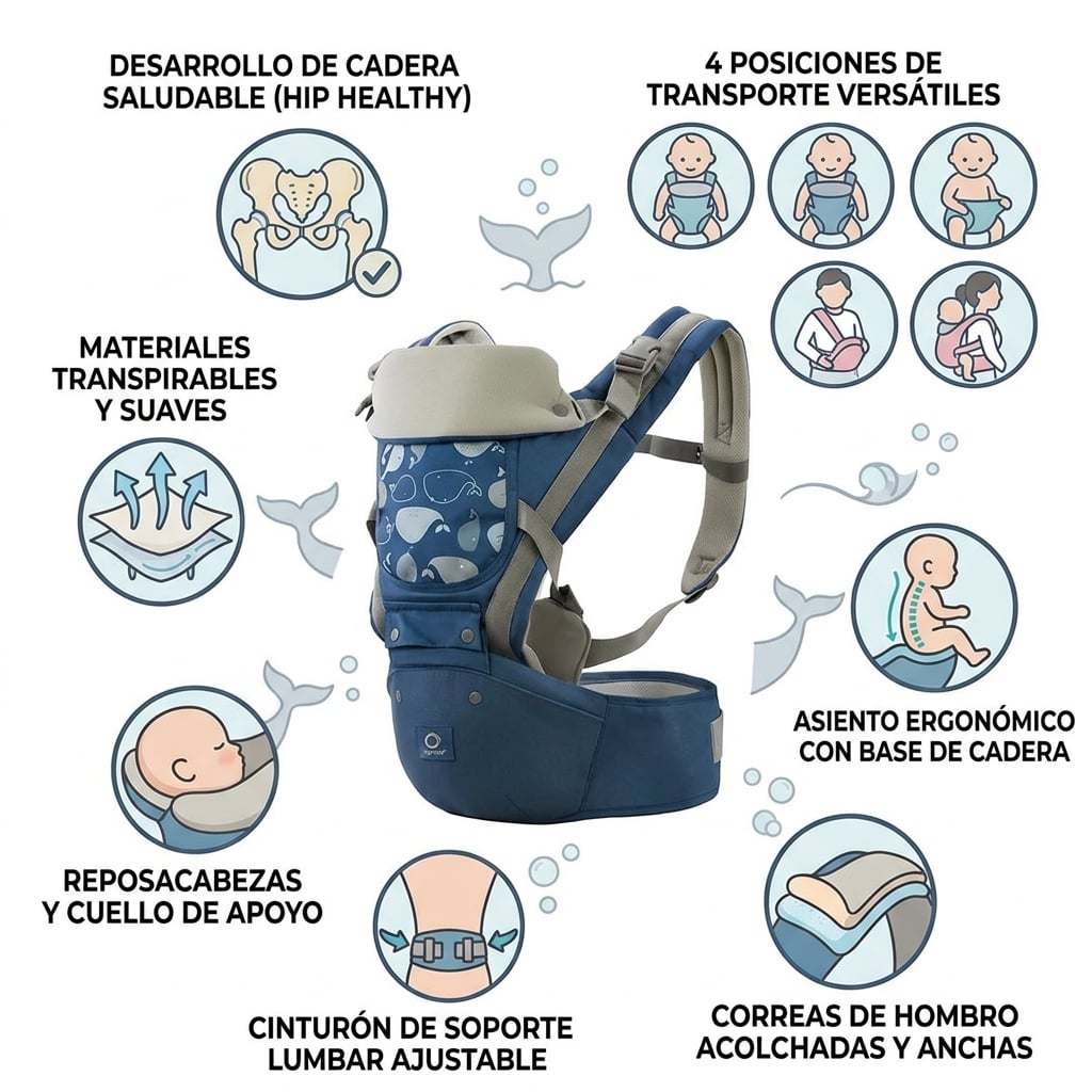 CANGURO ERGONÓMICO PORTABEBE BALLENITA 3 EN 1 VERDE PARA BEBÉ - 5