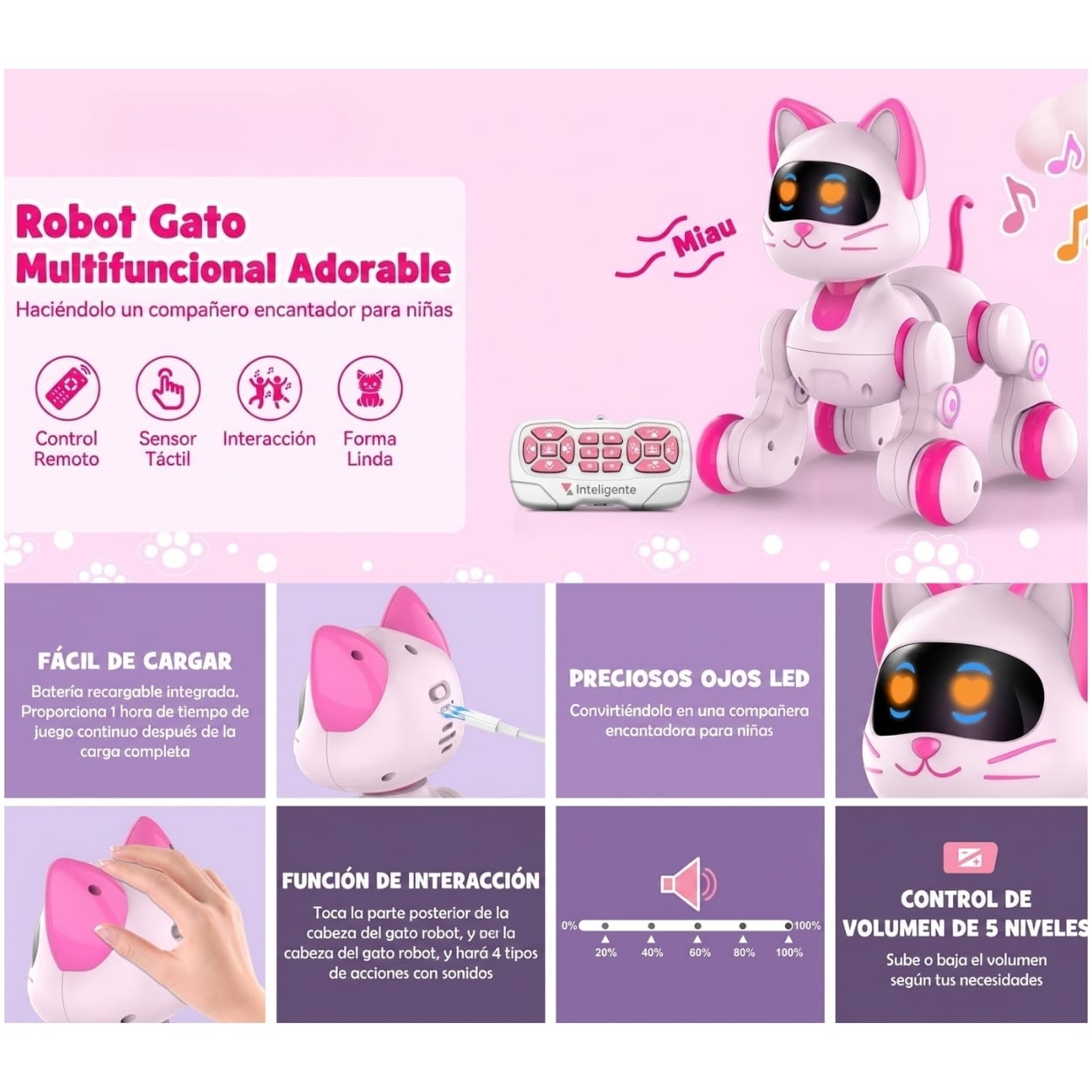 GATO ROBOT INTELIGENTE MUSICAL RECARGABLE CON CONTROL REMOTO LUZ LED NIÑAS - 4