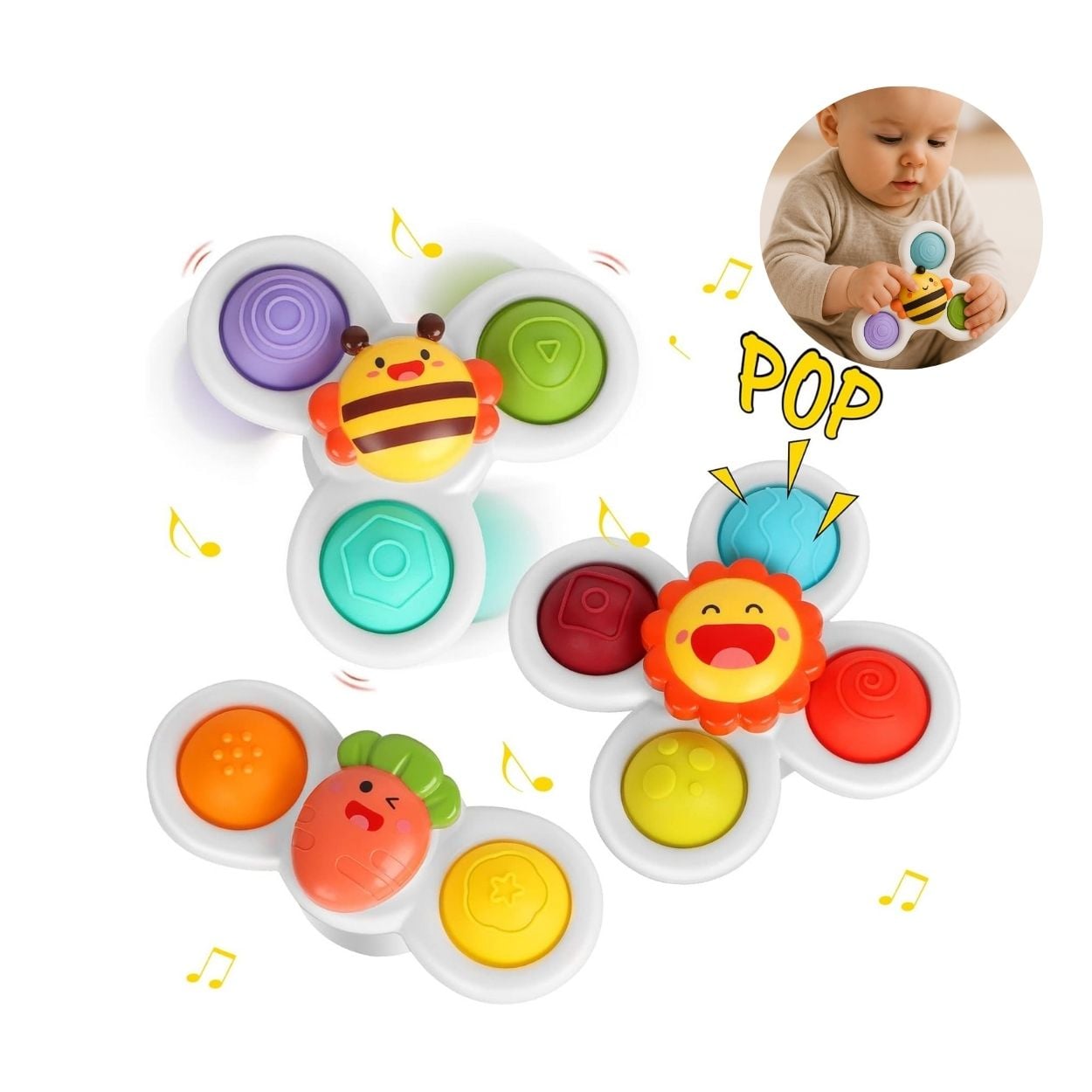 JUEGO SENSORIAL ANIMALITOS SPINNERS CON VENTOSA PARA BEBÉ SET DE 3PCS. - 1