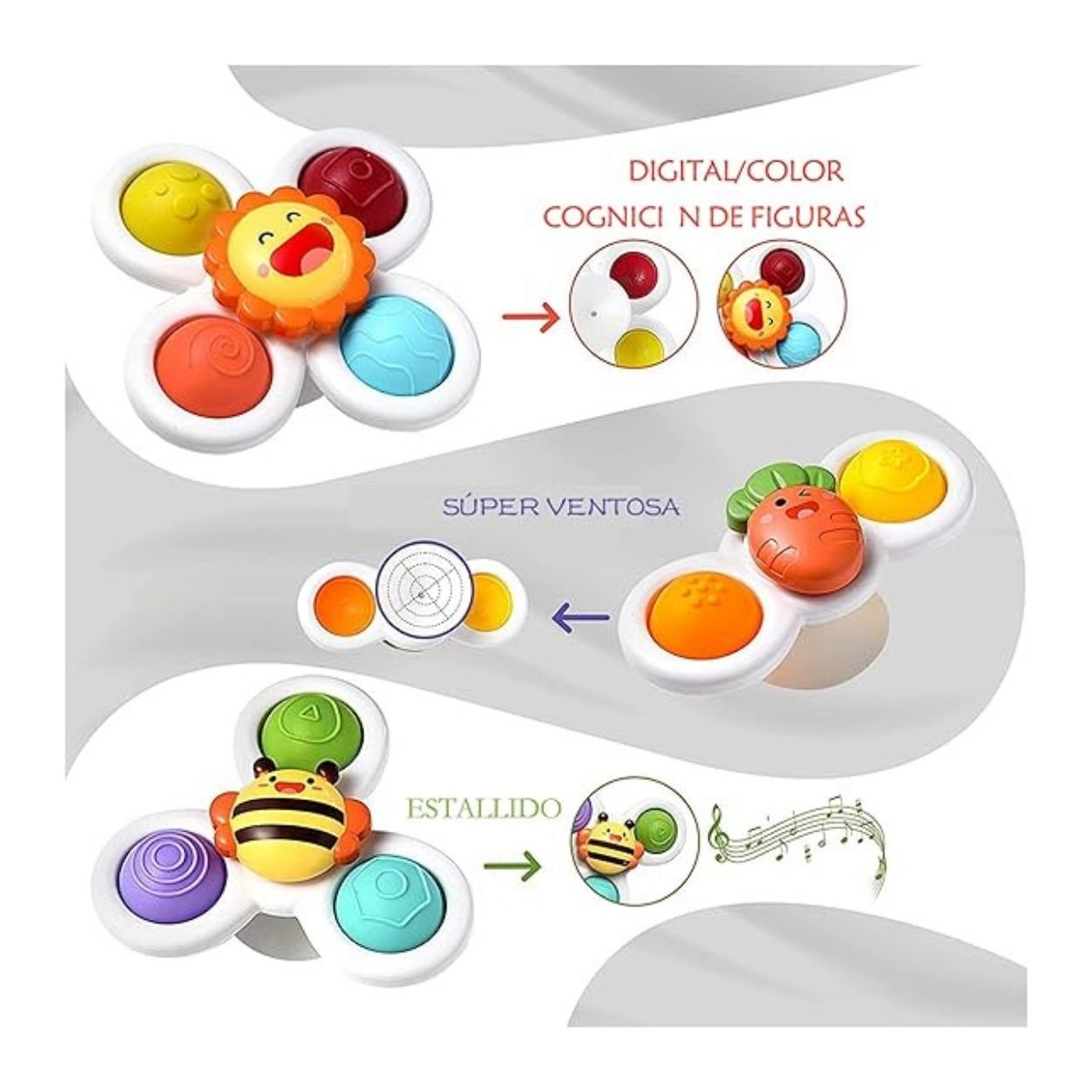 JUEGO SENSORIAL ANIMALITOS SPINNERS CON VENTOSA PARA BEBÉ SET DE 3PCS. - 3