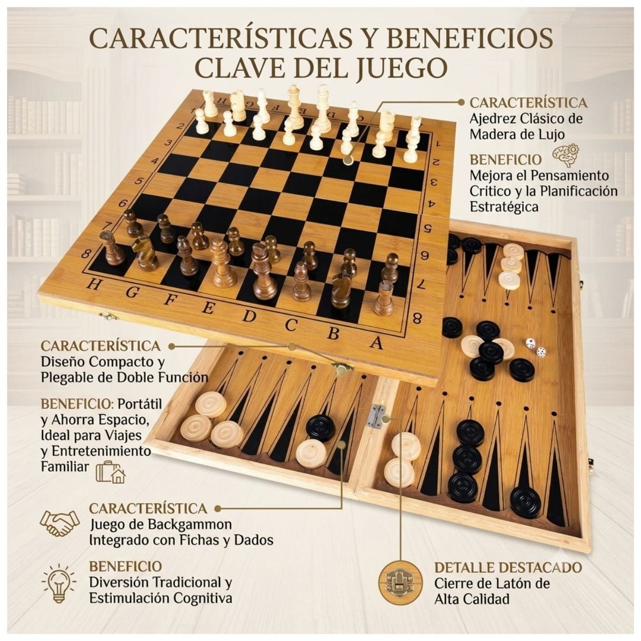 AJEDREZ- DAMAS CHINAS- BACKGAMMON TABLERO DE MADERA 3EN1 MEDIANO - 2