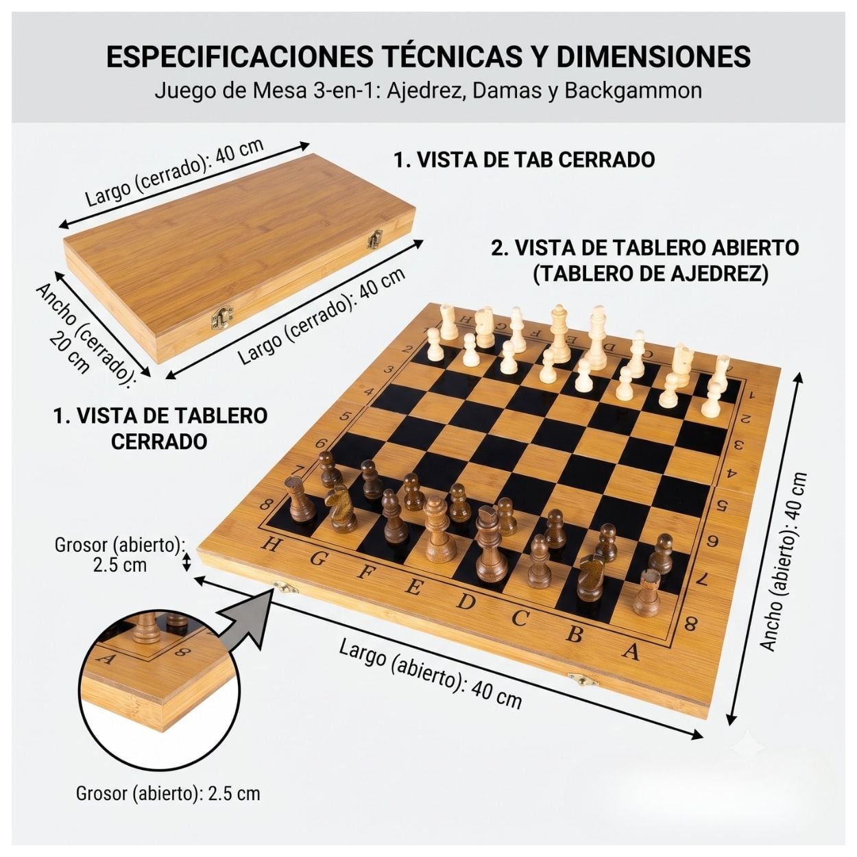 AJEDREZ- DAMAS CHINAS- BACKGAMMON TABLERO DE MADERA 3EN1 MEDIANO - 4