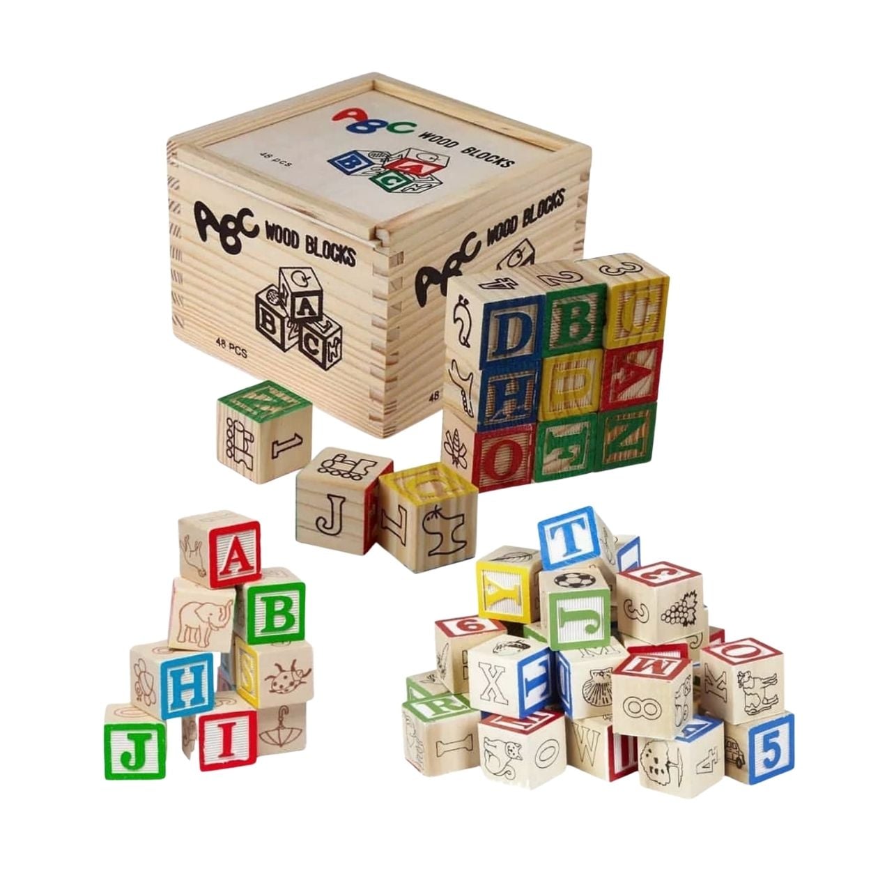 JUEGO DIDÁCTICO CAJA DE CUBOS 48PCS ABC DE MADERA PARA NIÑOS - 1