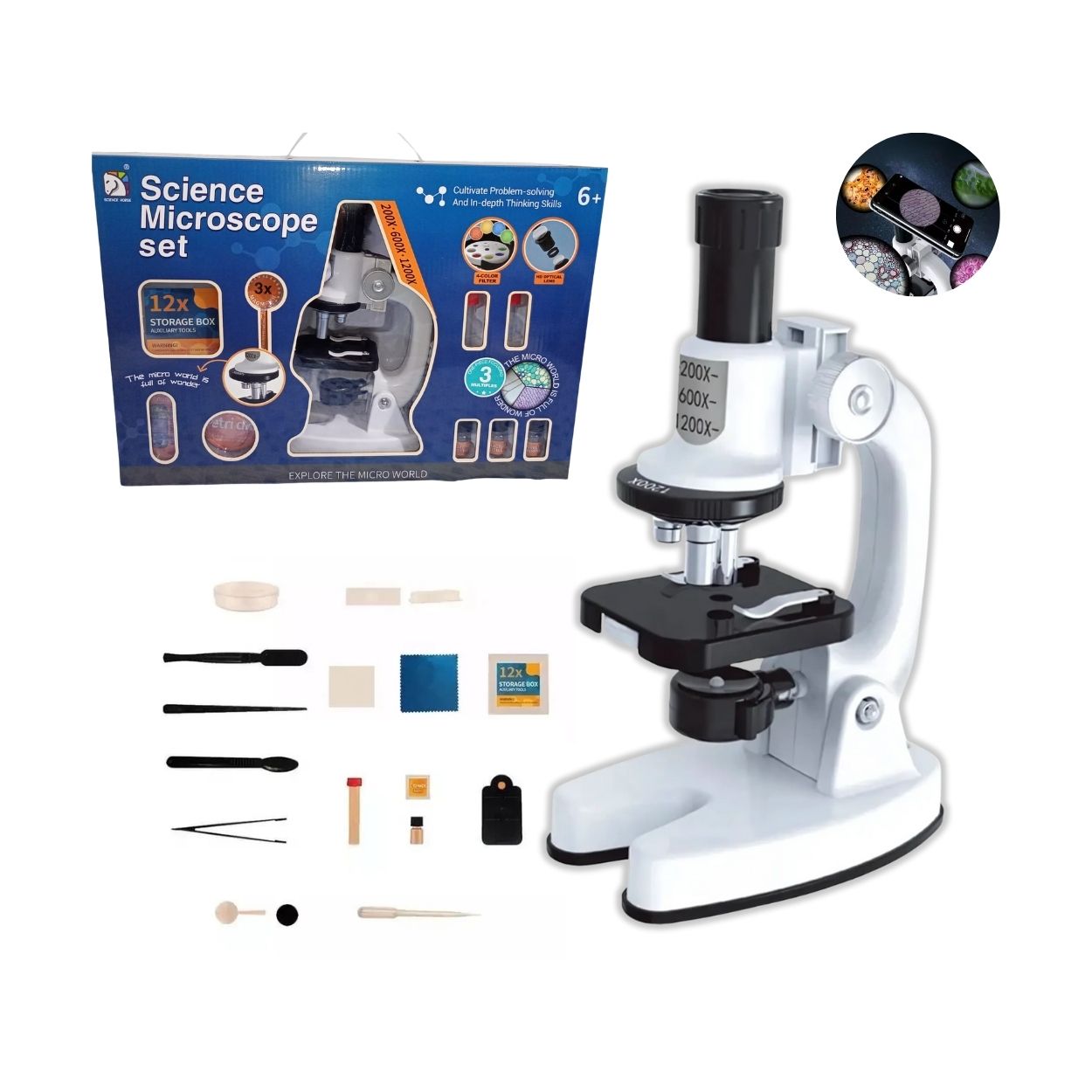 MICROSCOPIO INFANTIL X1200 CON LUZ LED Y SOPORTE PARA CELULAR - 1