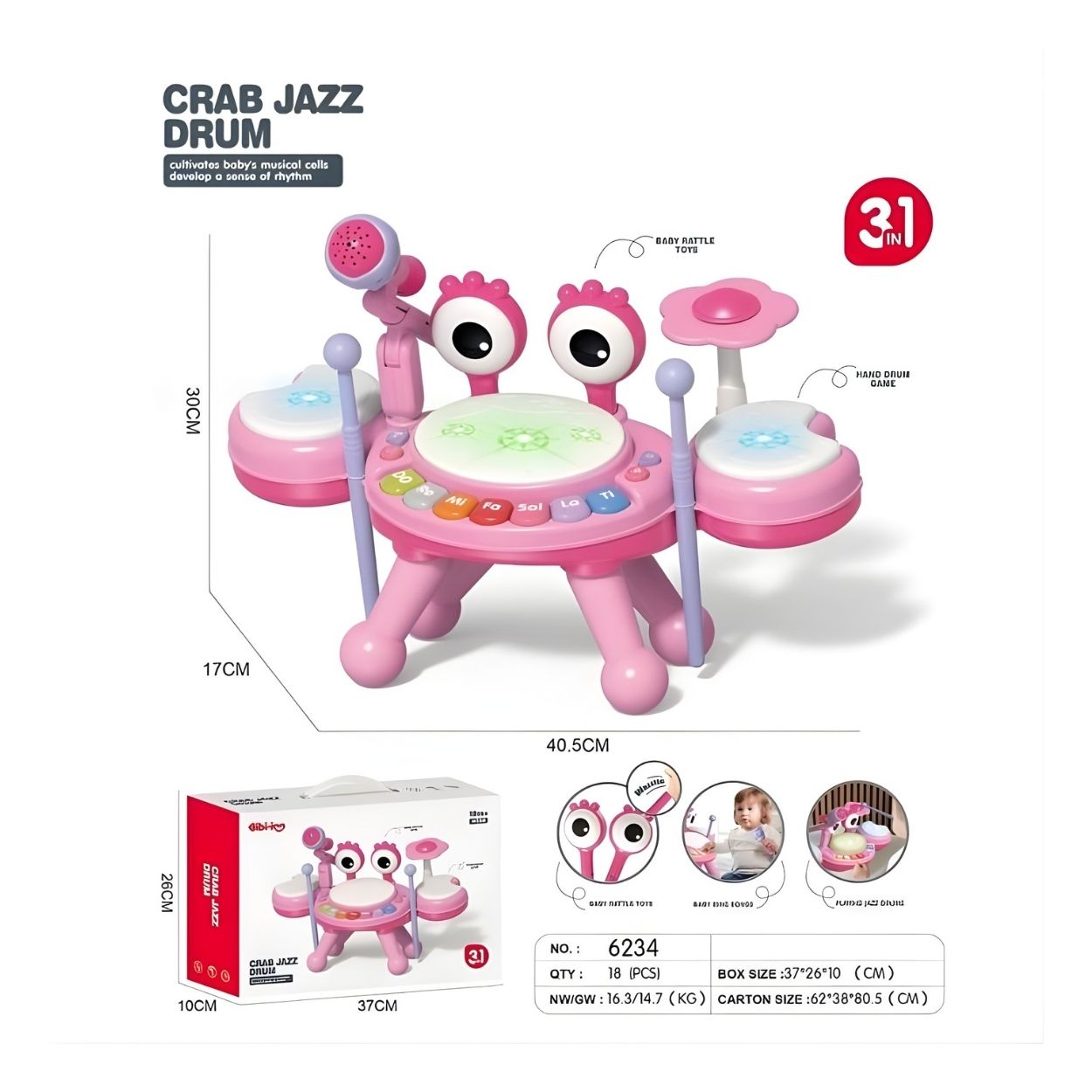 BATERÍA INTERACTIVA MUSICAL CANGREJO ROSADO 3 EN 1 CON PIANO Y MICRÓFONO - 5