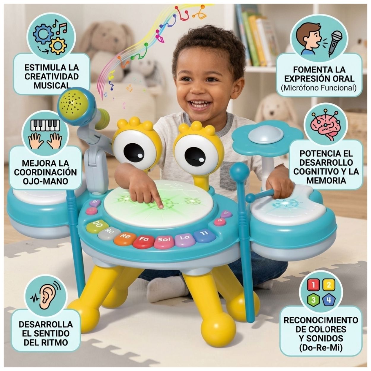 JUGUETE 3EN1 BATERÍA MUSICAL CANGREJO AZUL CON MICRÓFONO Y LUCES PARA BEBÉ - 4