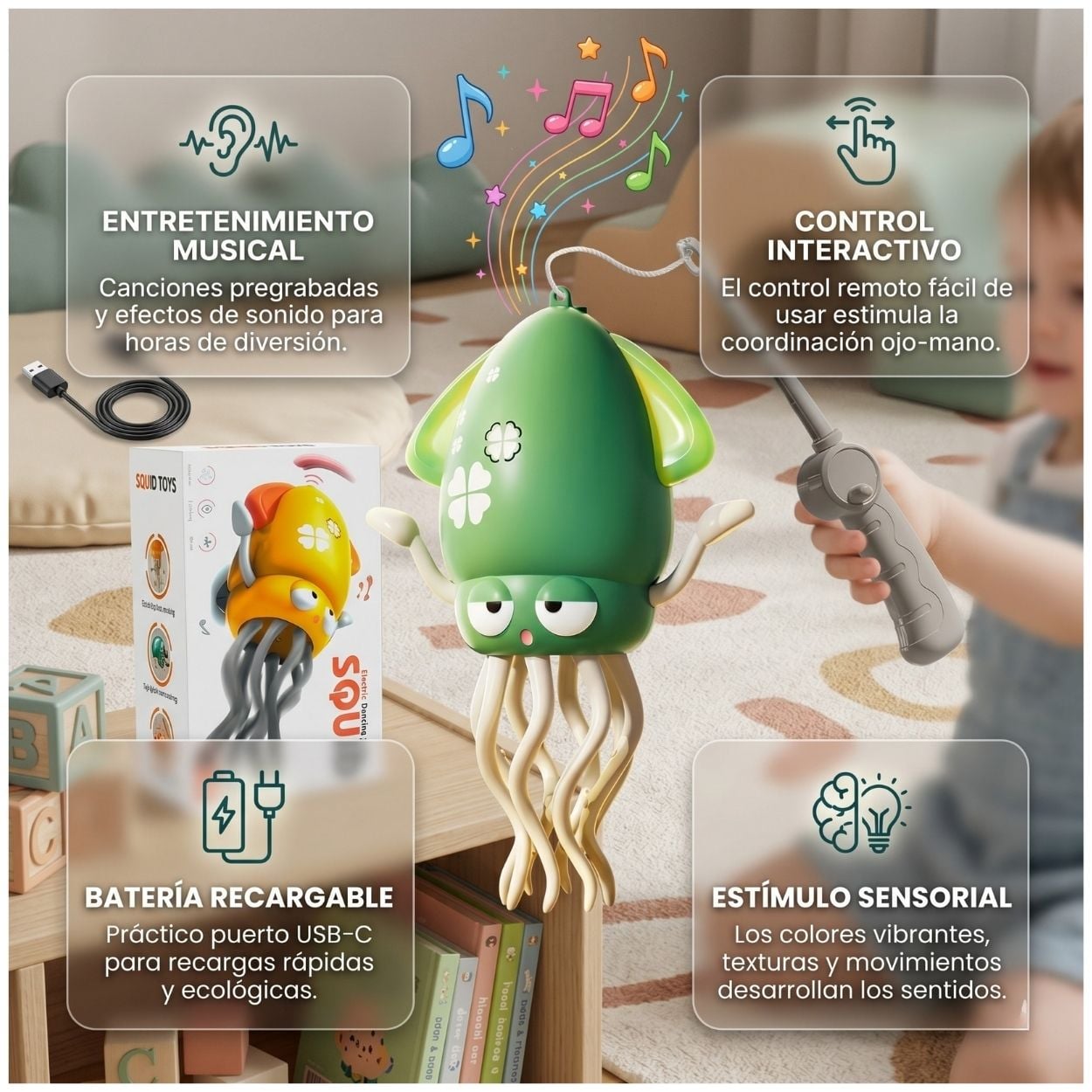 JUGUETE SENSORIAL PULPO MUSICAL BAILARÍN CON LUCES RECARGABLE BEBÉ - 3