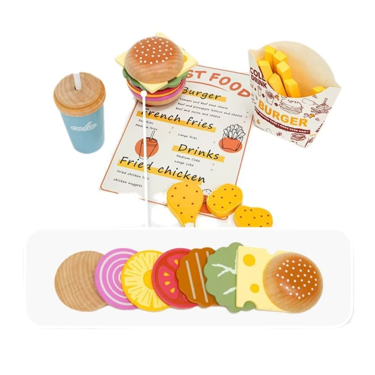 JUEGO DE HAMBURGUESAS Y COMIDA RÁPIDA REALISTA DE MADERA PARA NIÑOS - 1
