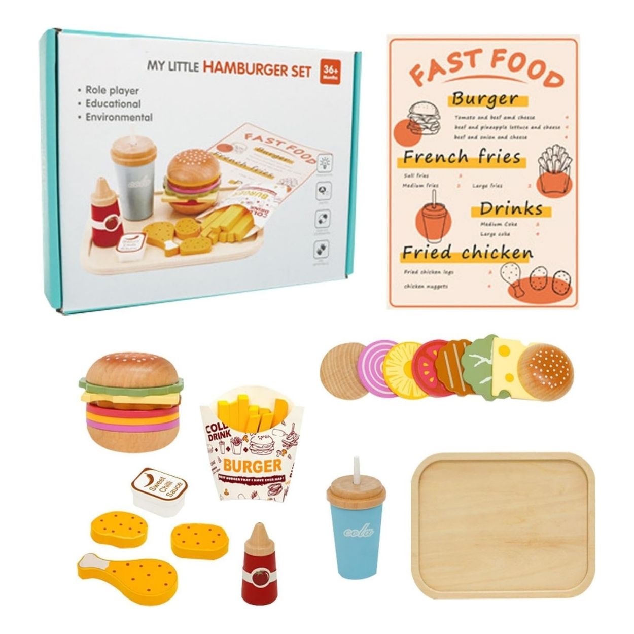 JUEGO DE HAMBURGUESAS Y COMIDA RÁPIDA REALISTA DE MADERA PARA NIÑOS - 2