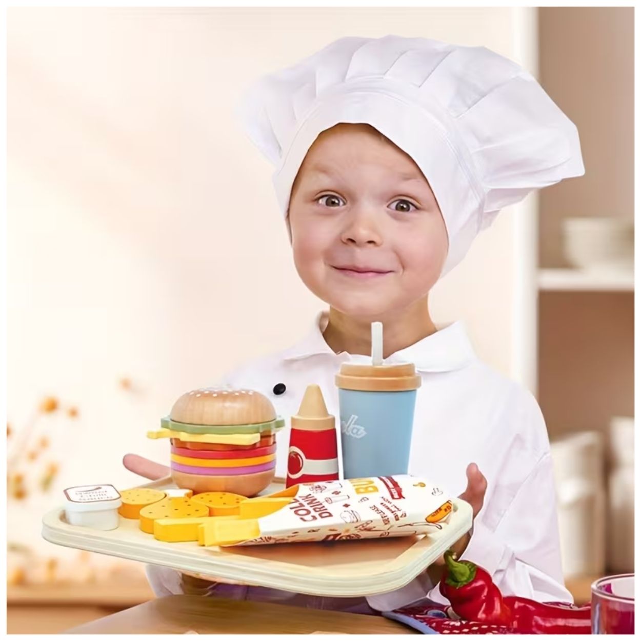 JUEGO DE HAMBURGUESAS Y COMIDA RÁPIDA REALISTA DE MADERA PARA NIÑOS - 3