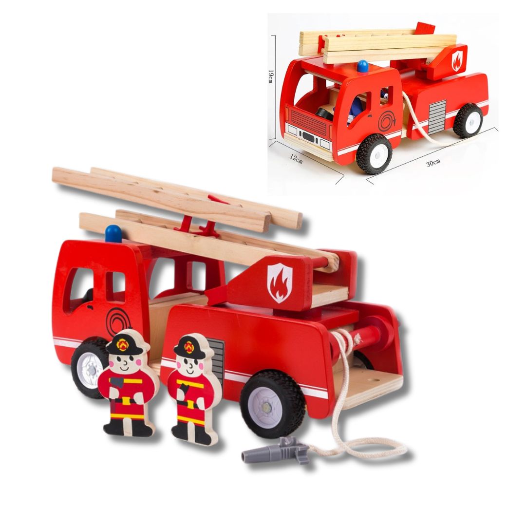 CAMIÓN DE BOMBEROS DE MADERA CON ESCALERA Y FIGURAS - 1