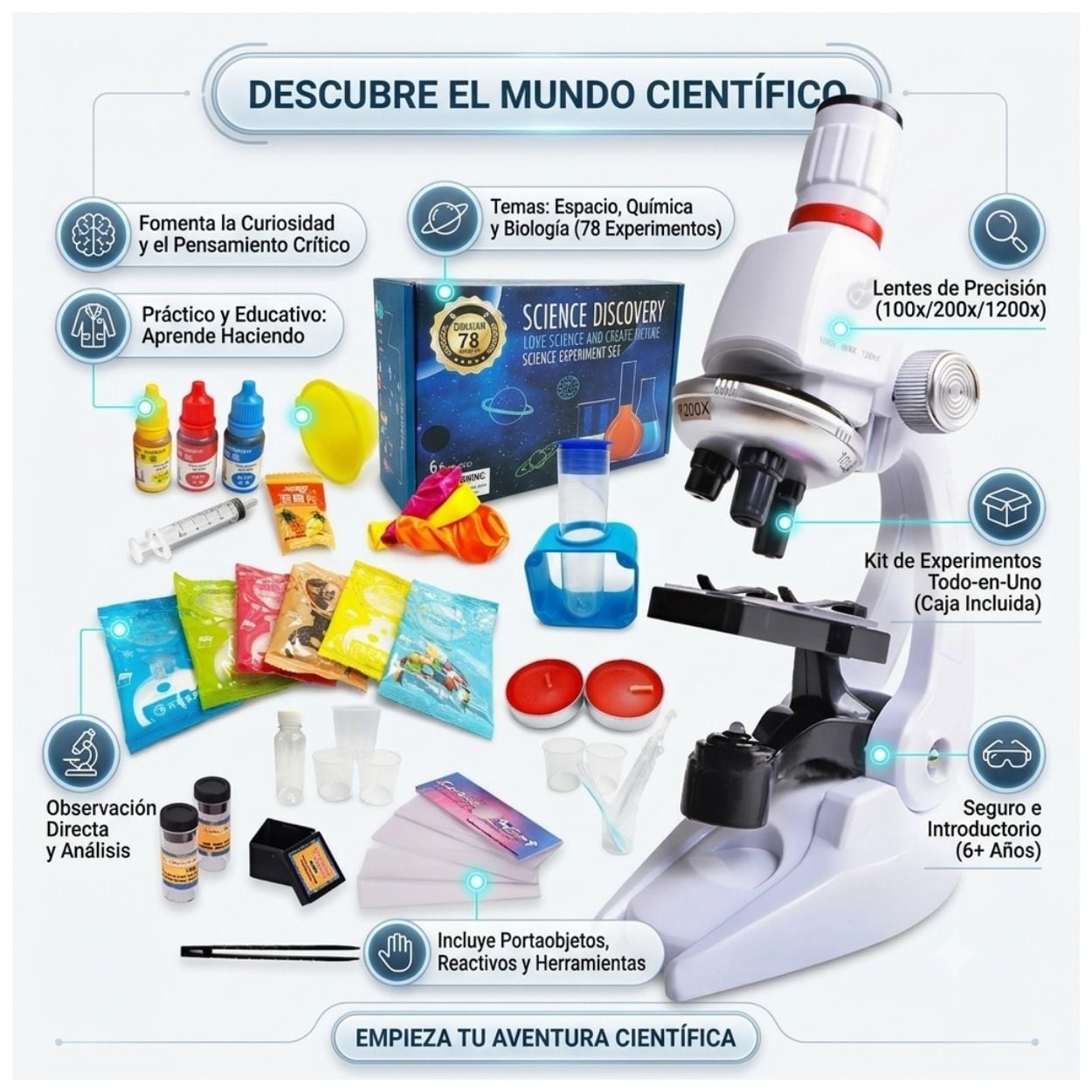 KIT CIENTÍFICO DE EXPERIMENTOS CON MICROSCOPIO INFANTIL JUEGO DIDÁCTICO - 2