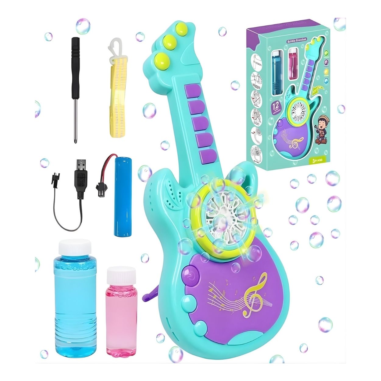 GUITARRA BURBUJERO MUSICAL RECARGABLE CON LUCES COLOR VERDE - JUGUETE INTERACTIVO - 1