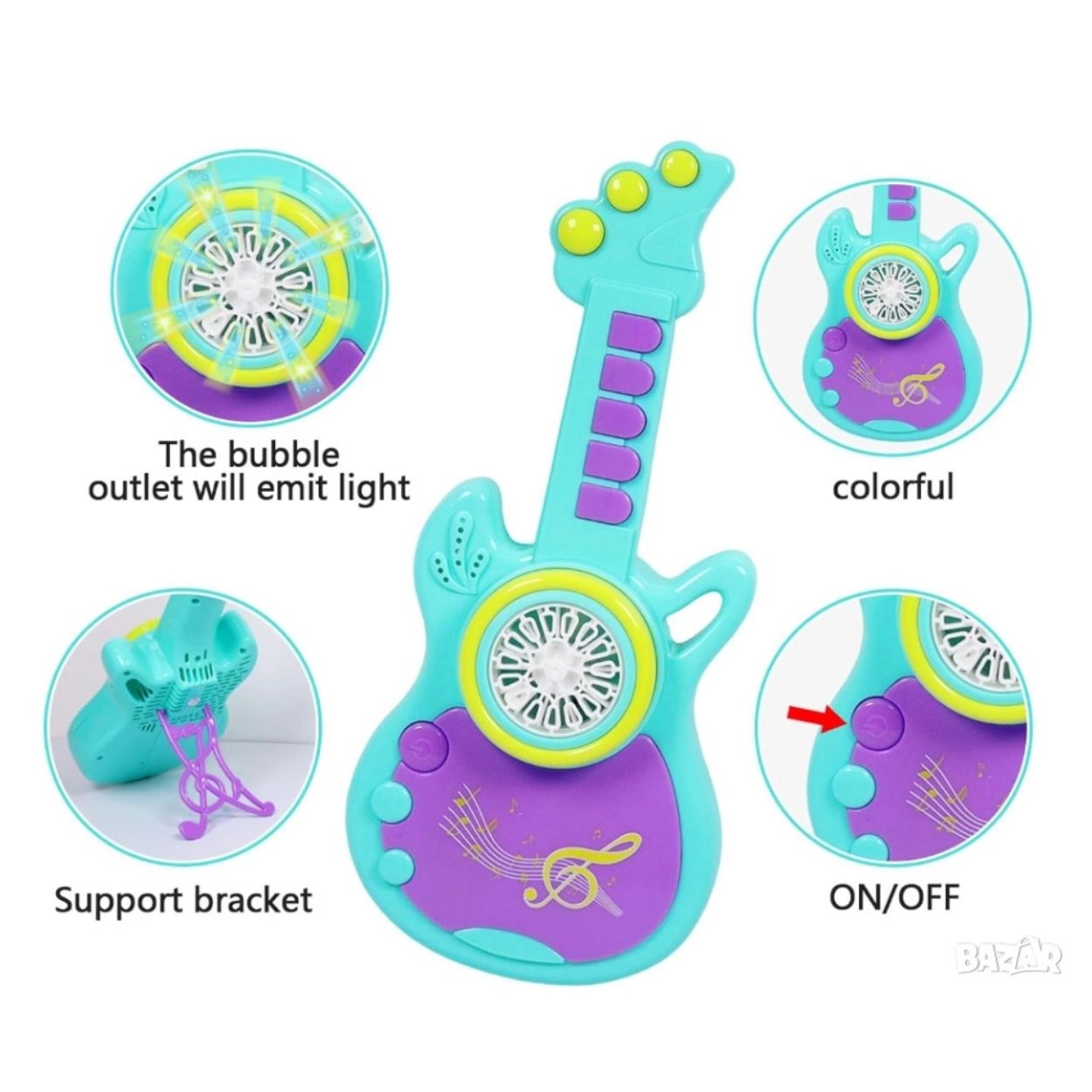 GUITARRA BURBUJERO MUSICAL RECARGABLE CON LUCES COLOR VERDE - JUGUETE INTERACTIVO - 3