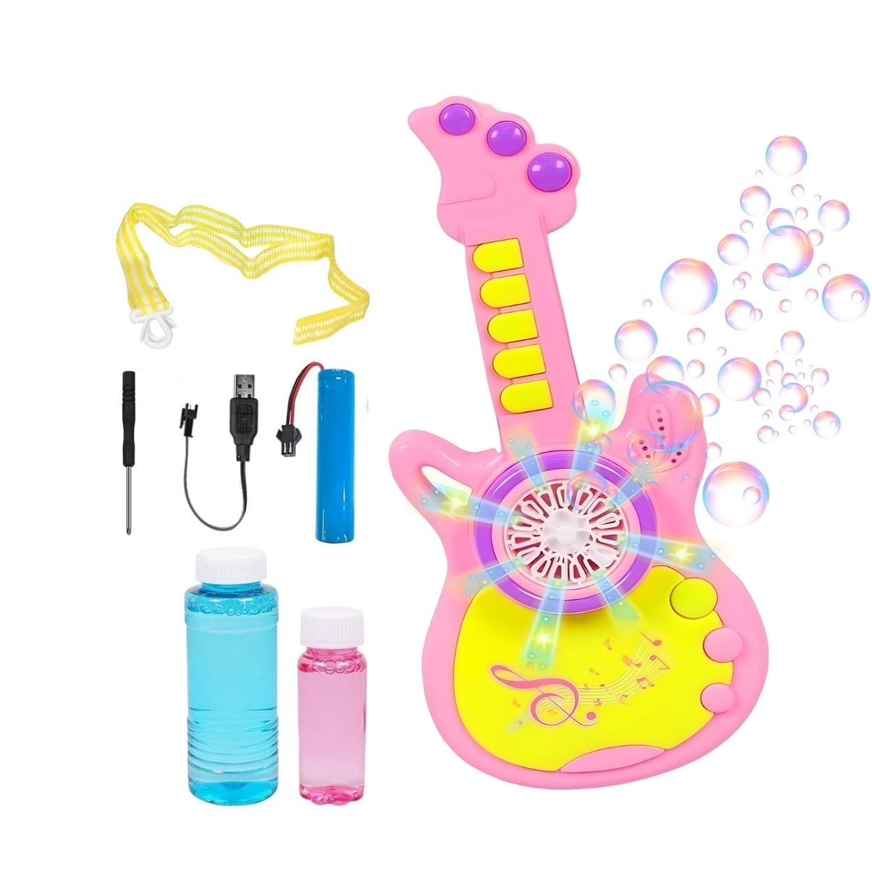 GUITARRA BURBUJERO MUSICAL RECARGABLE CON LUCES COLOR ROSADO - JUGUETE INTERACTIVO - 1