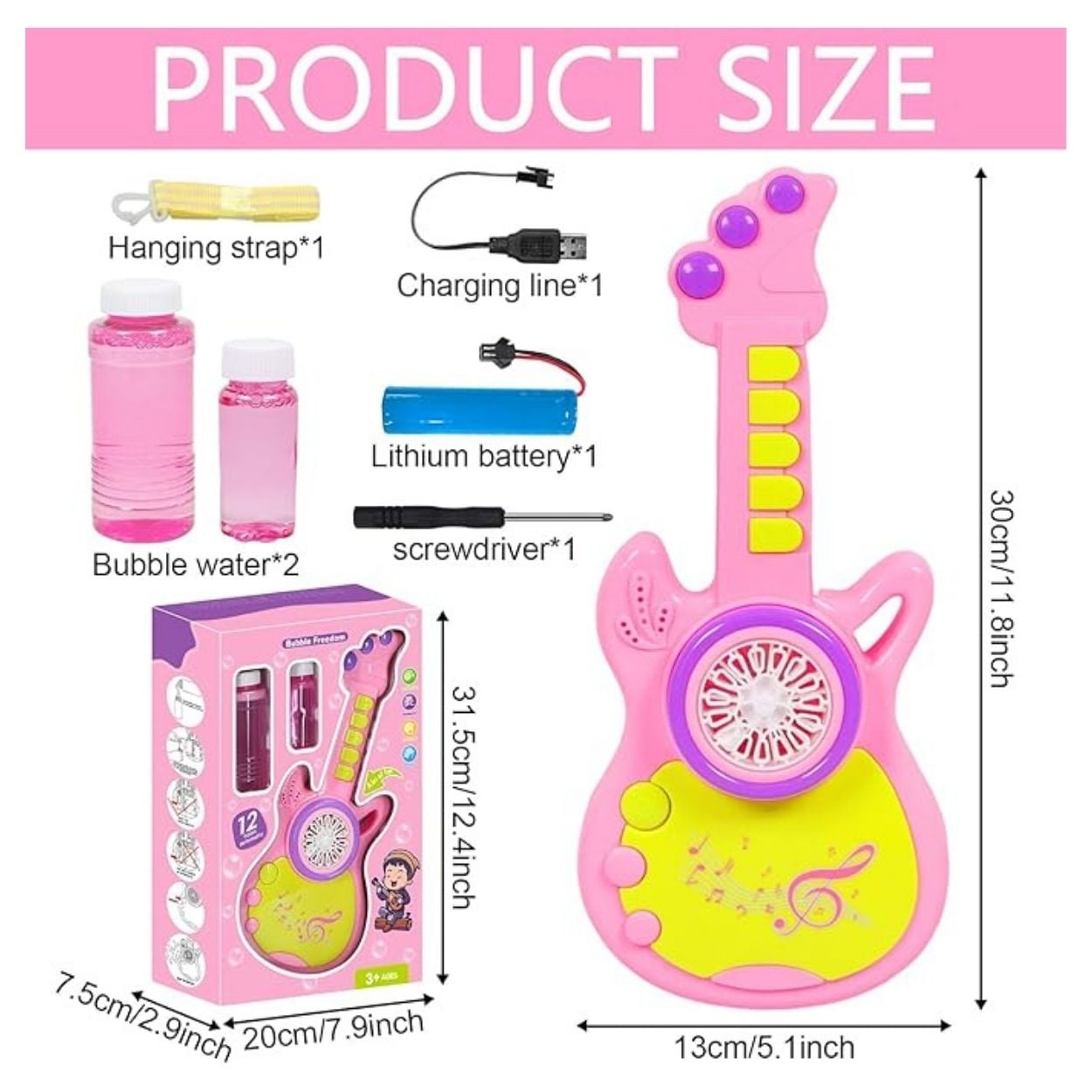 GUITARRA BURBUJERO MUSICAL RECARGABLE CON LUCES COLOR ROSADO - JUGUETE INTERACTIVO - 2