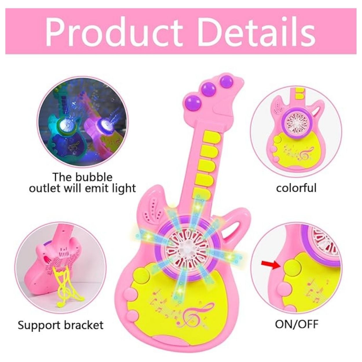 GUITARRA BURBUJERO MUSICAL RECARGABLE CON LUCES COLOR ROSADO - JUGUETE INTERACTIVO - 3