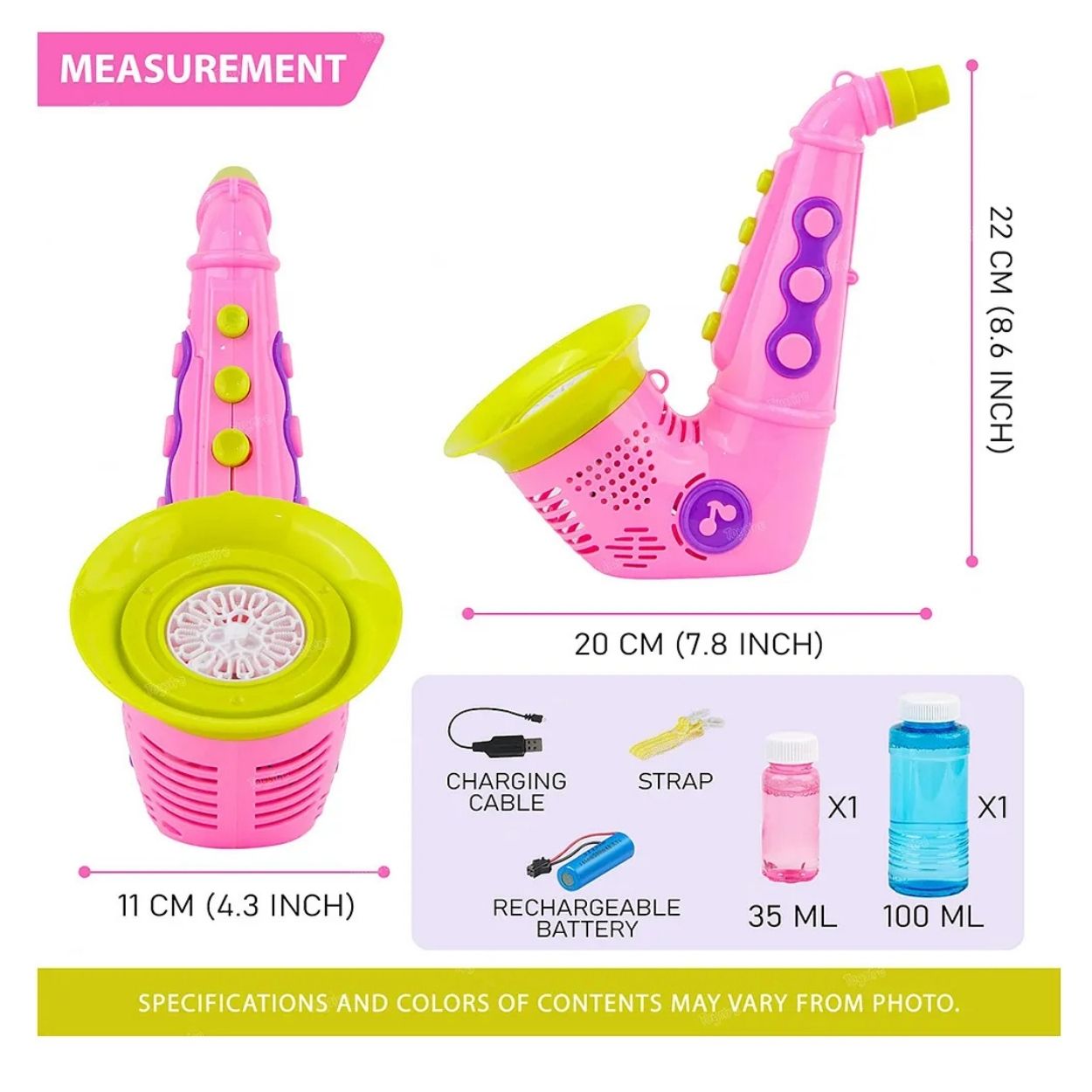 SAXOFÓN BURBUJERO MUSICAL RECARGABLE CON LUCES COLOR ROSADO - JUGUETE INTERACTIVO - 3
