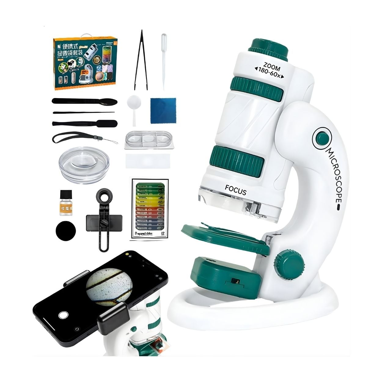 MICROSCOPIO PORTÁTIL INFANTIL KIT STEM PRO - ZOOM 180X + 12 MUESTRAS REALES - 1