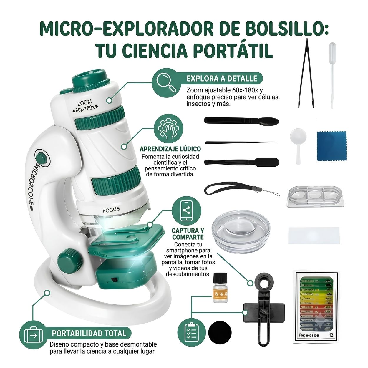MICROSCOPIO PORTÁTIL INFANTIL KIT STEM PRO - ZOOM 180X + 12 MUESTRAS REALES - 5