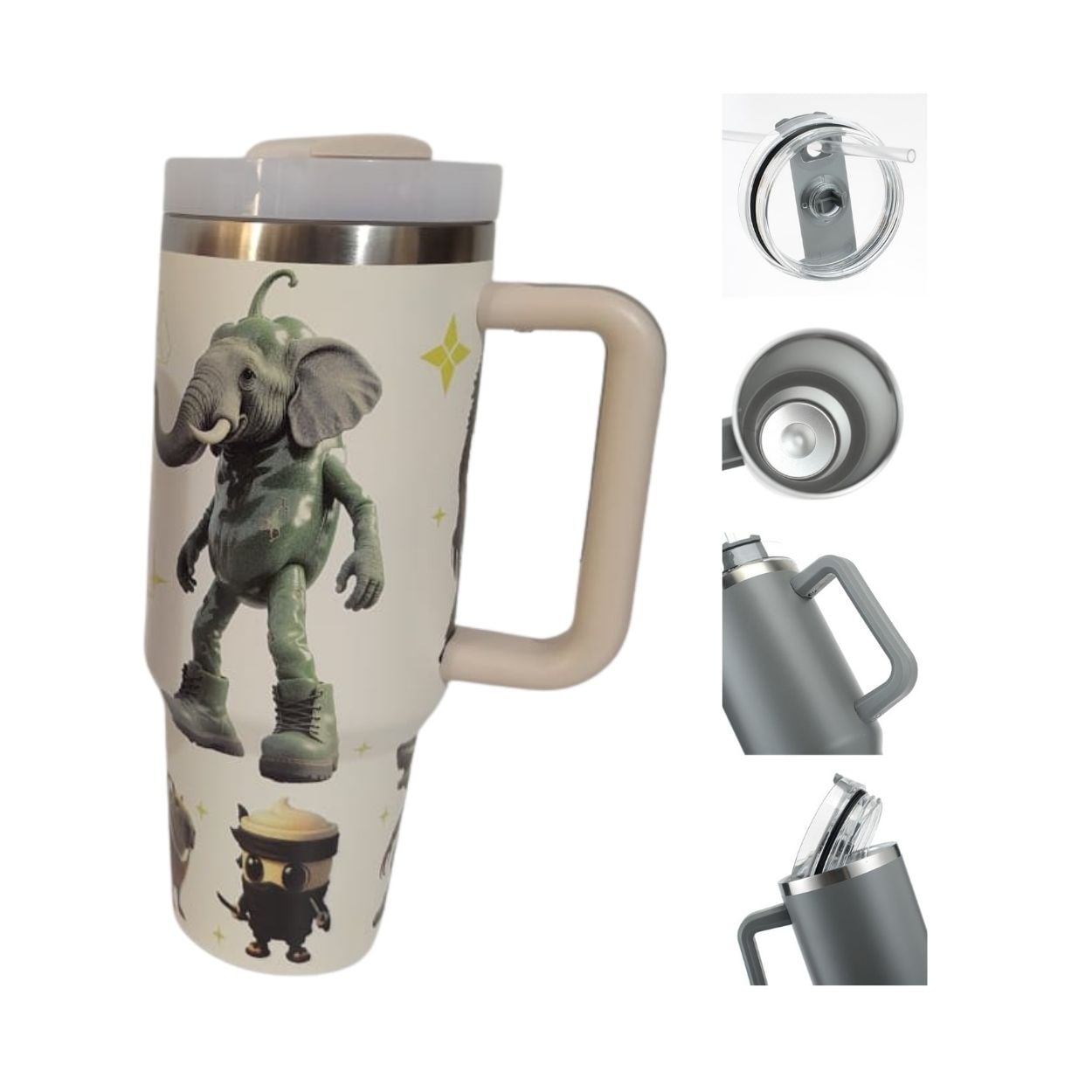 VASO TÉRMICO 40OZ DISEÑO BRAINROT MEME TRALALERO 1200ML CON ASA Y SORBETE - 1