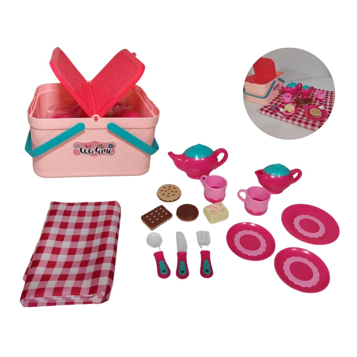 JUEGO DE TE INFANTIL CON CANASTA PORTATIL Y MANTEL DE PICNIC 18 PIEZAS - 1