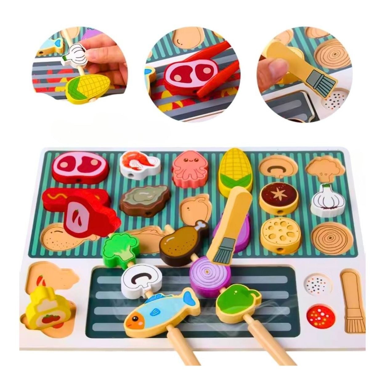 JUGUETE DE MADERA MONTESSORI PARRILLA BARBACOA BBQ CON BROCHETAS Y ACCESORIOS - 1
