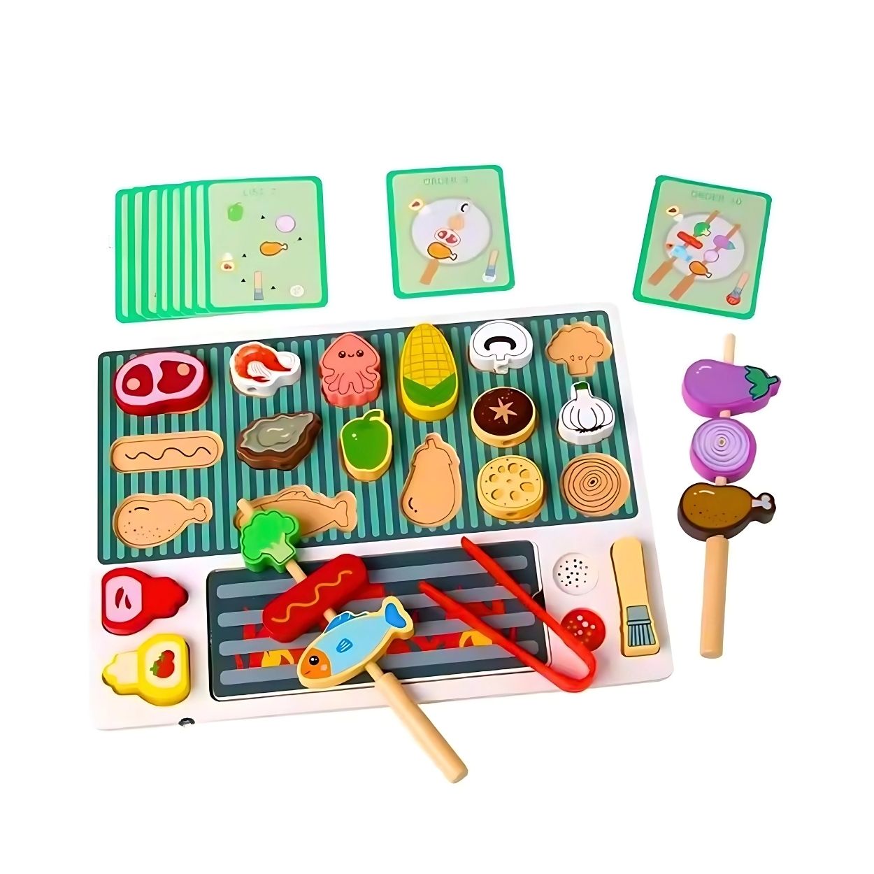 JUGUETE DE MADERA MONTESSORI PARRILLA BARBACOA BBQ CON BROCHETAS Y ACCESORIOS - 2