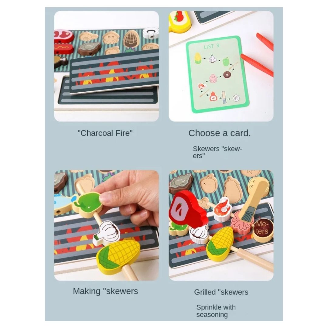 JUGUETE DE MADERA MONTESSORI PARRILLA BARBACOA BBQ CON BROCHETAS Y ACCESORIOS - 3