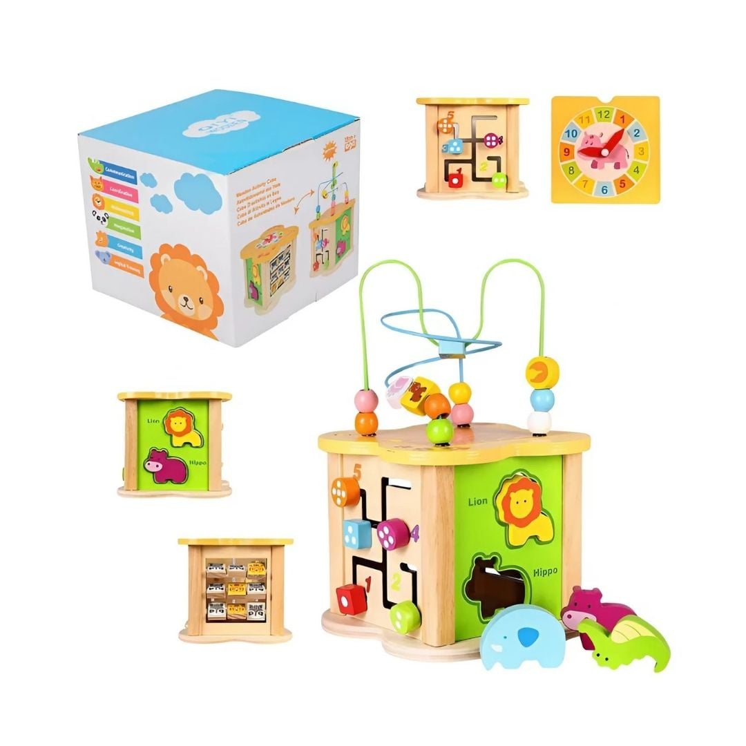 JUGUETE MONTESSORI CUBO DE ACTIVIDADES DE MADERA TEMÁTICA SELVA 5 EN 1 PARA BEBÉS - 1