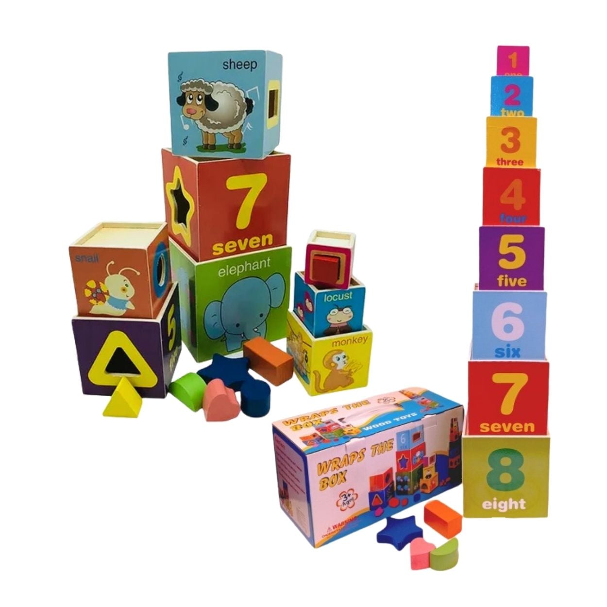 CUBOS DIDÁCTICOS DE MADERA PARA BEBÉS SET DE 8 BLOQUES APILABLES Y ENCAJABLES - 1
