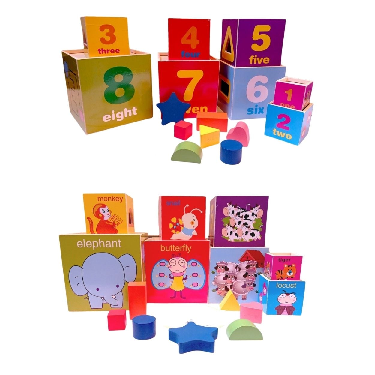 CUBOS DIDÁCTICOS DE MADERA PARA BEBÉS SET DE 8 BLOQUES APILABLES Y ENCAJABLES - 2