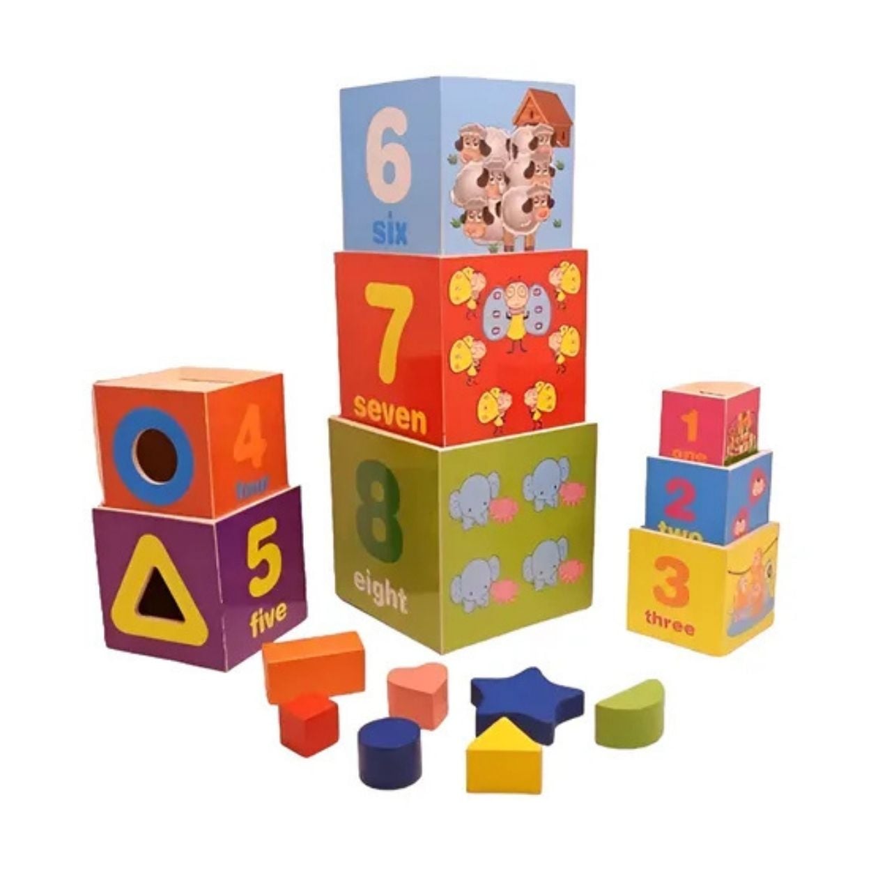 CUBOS DIDÁCTICOS DE MADERA PARA BEBÉS SET DE 8 BLOQUES APILABLES Y ENCAJABLES - 3