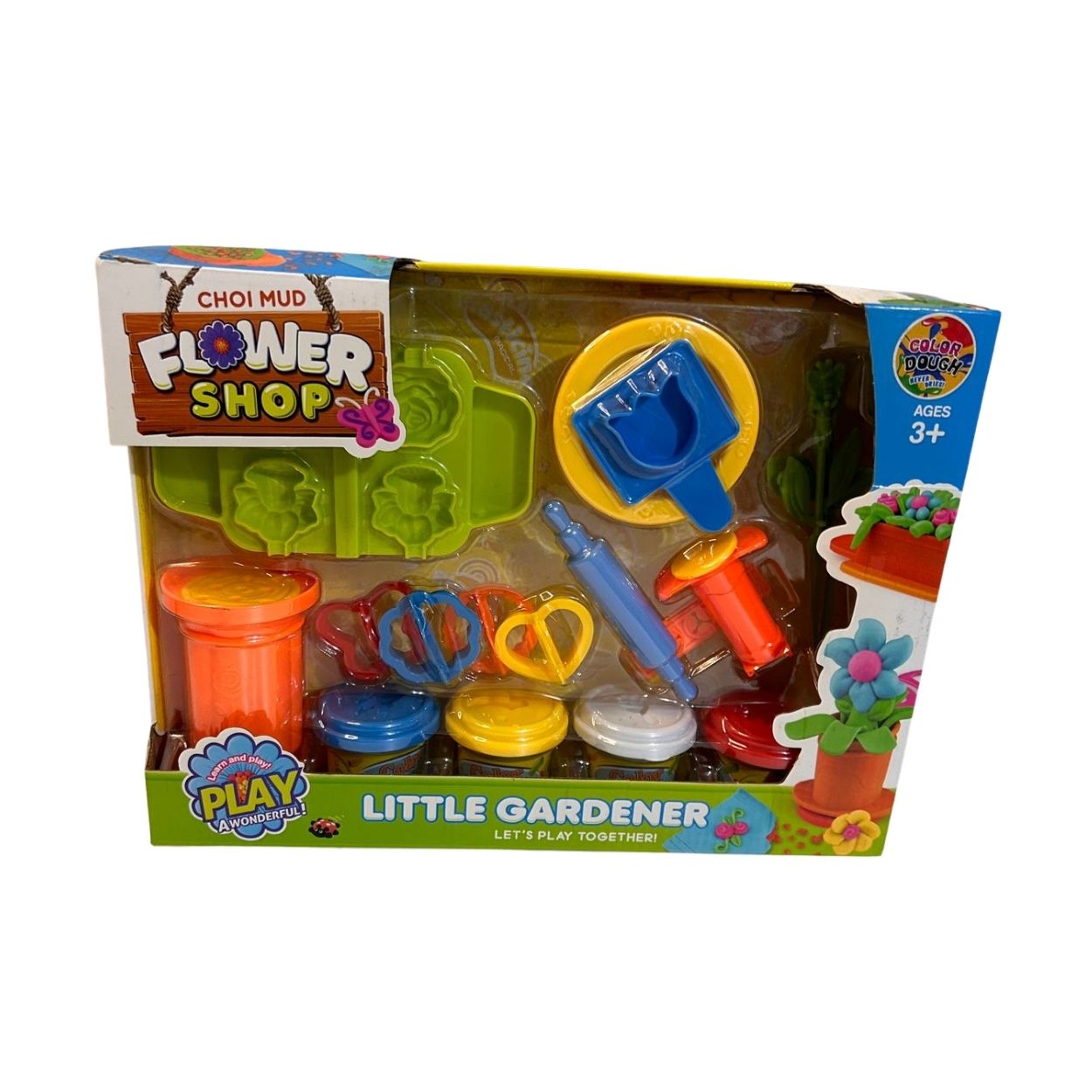 KIT INFANTIL JARDÍN DE FLORES CON HERRAMIENTAS Y PLASTILINAS DE COLORES - 3