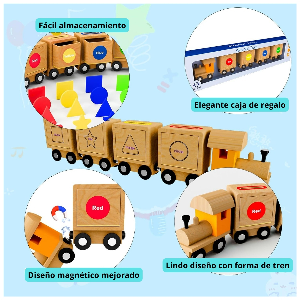 JUEGO DIDÁCTICO TREN MADERA ENCAJE FIGURAS GEOMÉTRICAS DE COLORES - 7