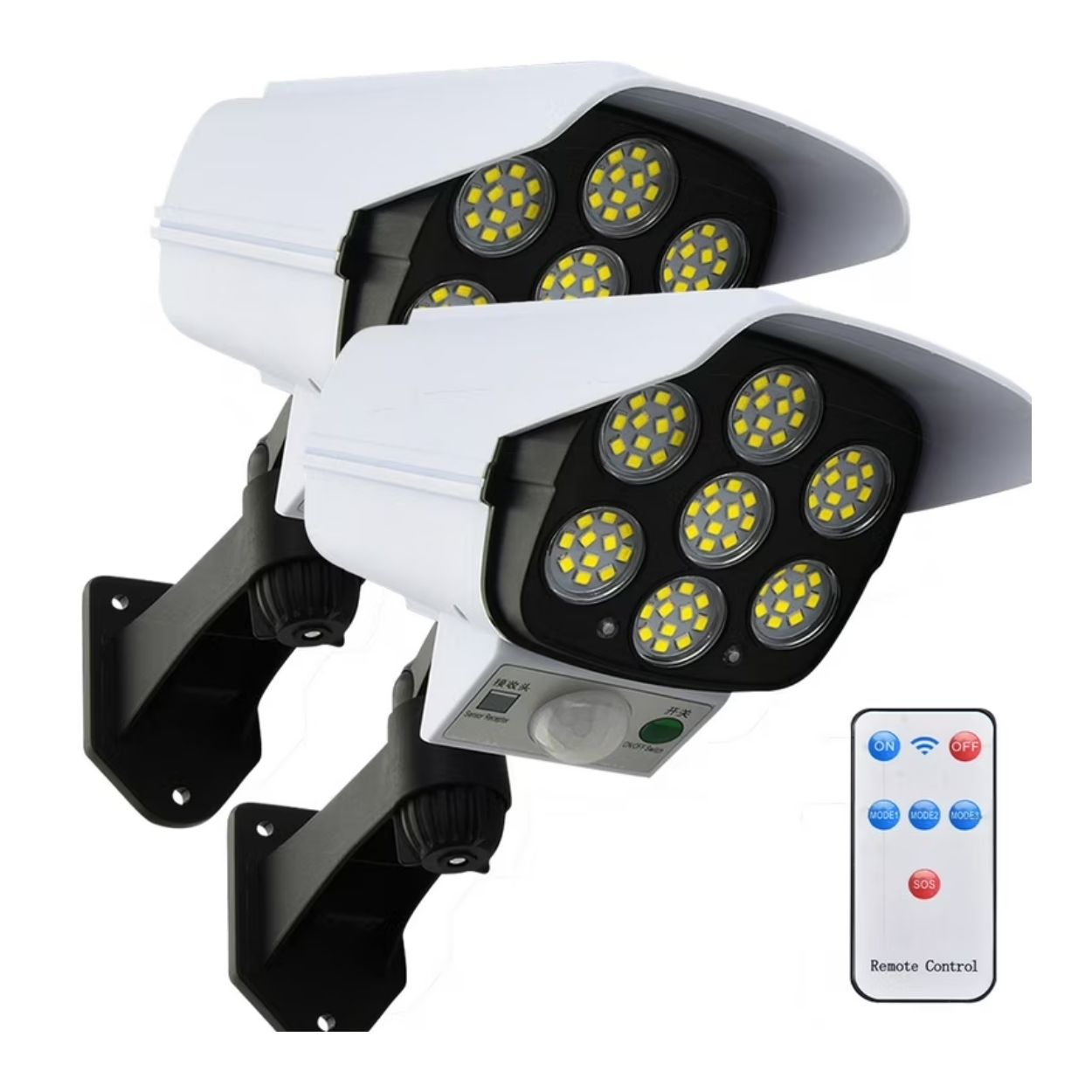 PACK X2 FOCOS SOLARES LED CON SENSOR DE MOVIMIENTO TIPO CÁMARA SEGURIDAD EXTERIOR - 1