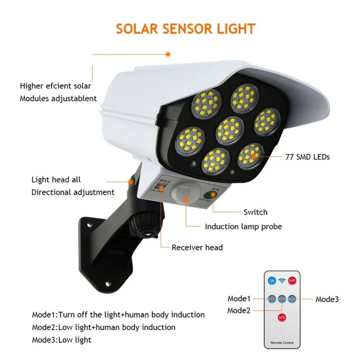 PACK X2 FOCOS SOLARES LED CON SENSOR DE MOVIMIENTO TIPO CÁMARA SEGURIDAD EXTERIOR - 3
