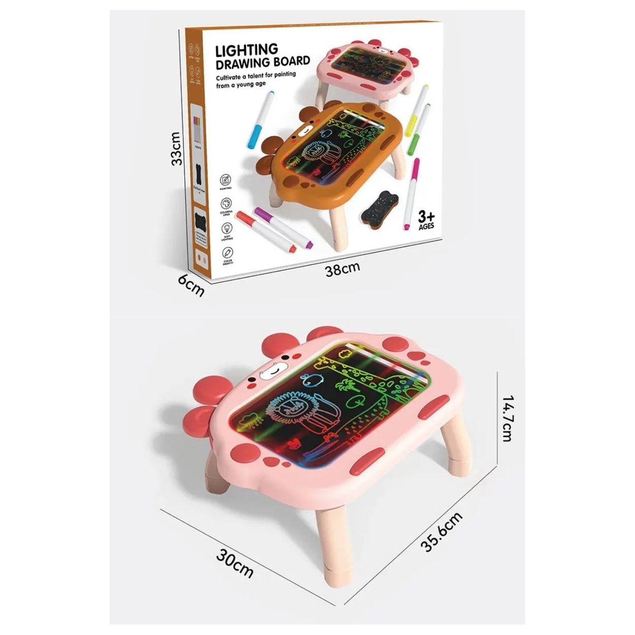 PIZARRA MÁGICA CON LUZ LED PARA NIÑOS MESA DE DIBUJO FLUORESCENTE + PLUMONES - ROSADA - 4