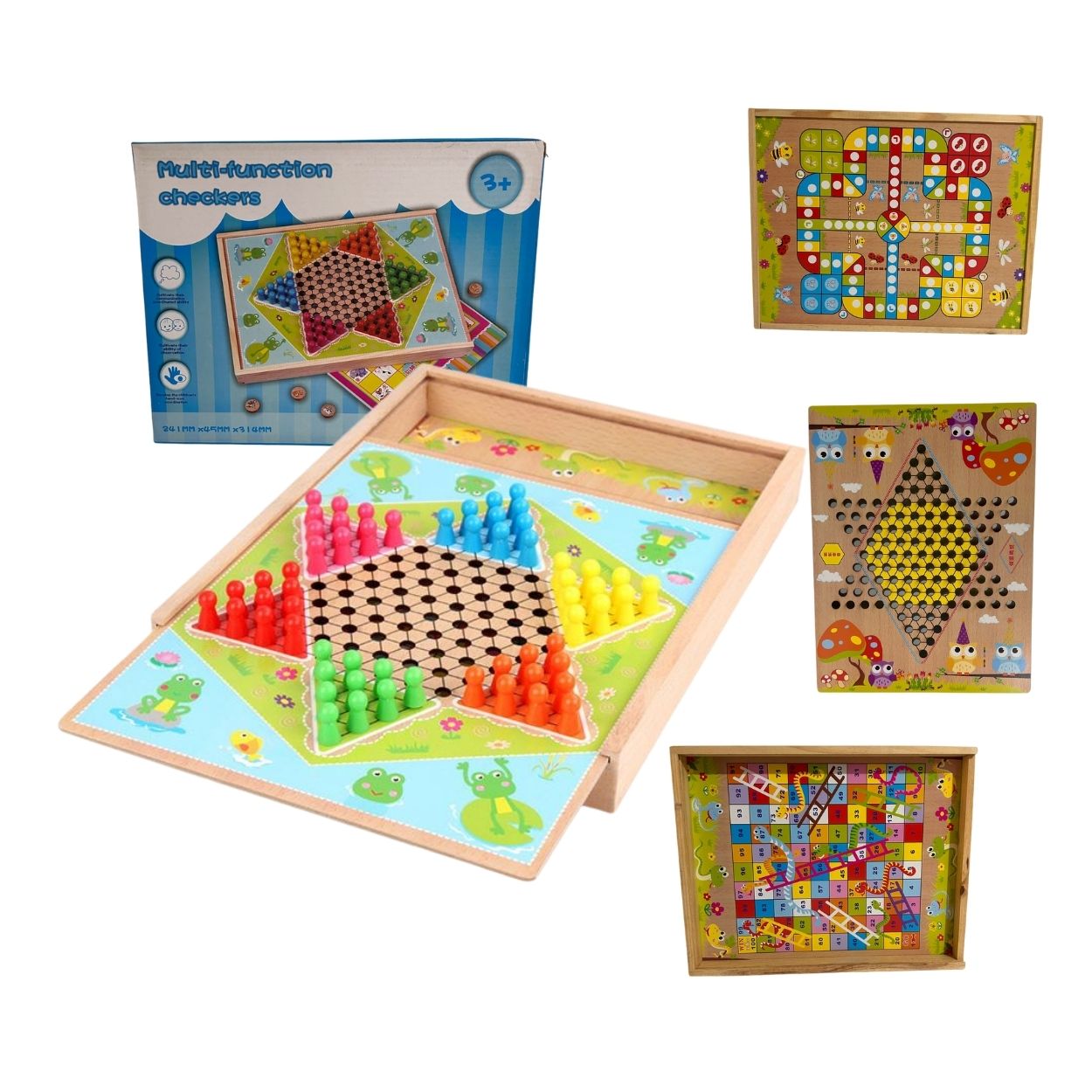 Tablero Multijuego De Madera 4 En 1 Serpientes Escaleras Ludo Y Damas - 1